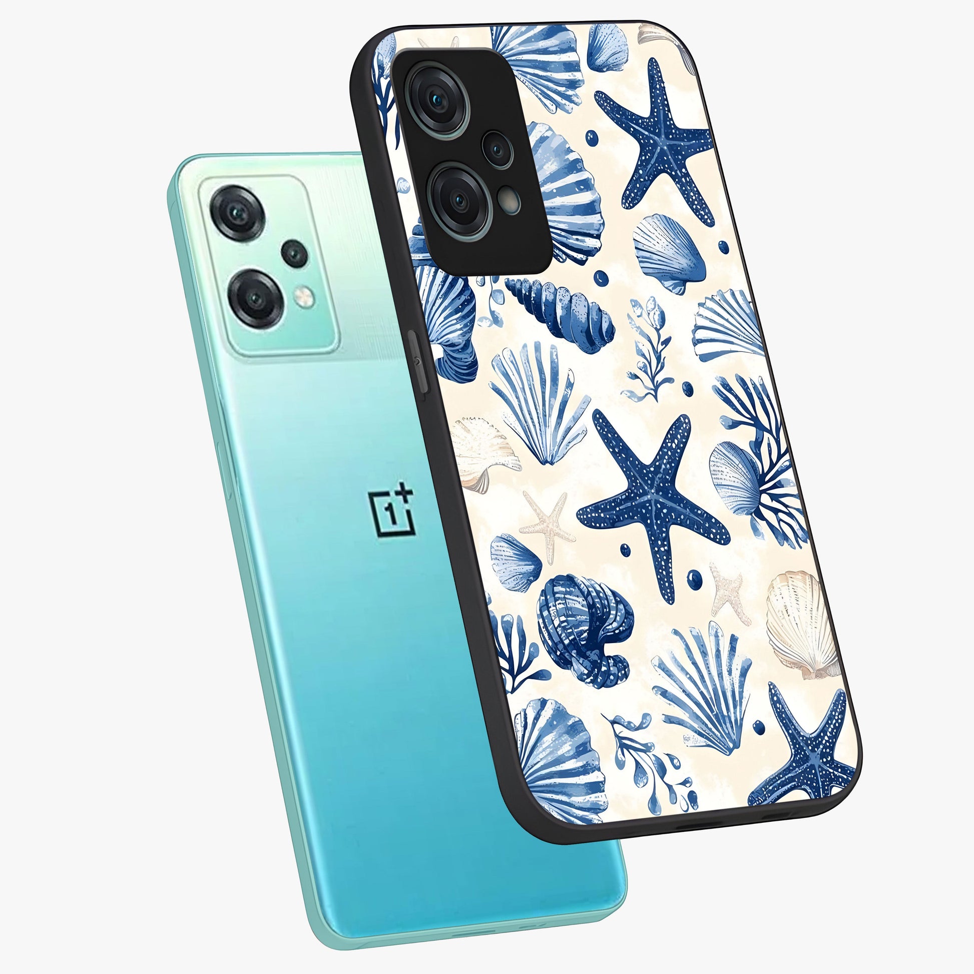 Seaside Starfish Magic Glass Case for 1+Nord Ce 2 Lite angled mockup showcasing glossy finish and coastal pastel detailing