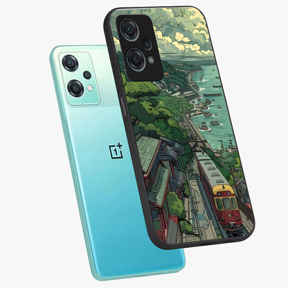 Seaside Train Ride Glass Case for 1+Nord Ce 2 Lite angled mockup showcasing glossy finish and calming ocean gradients