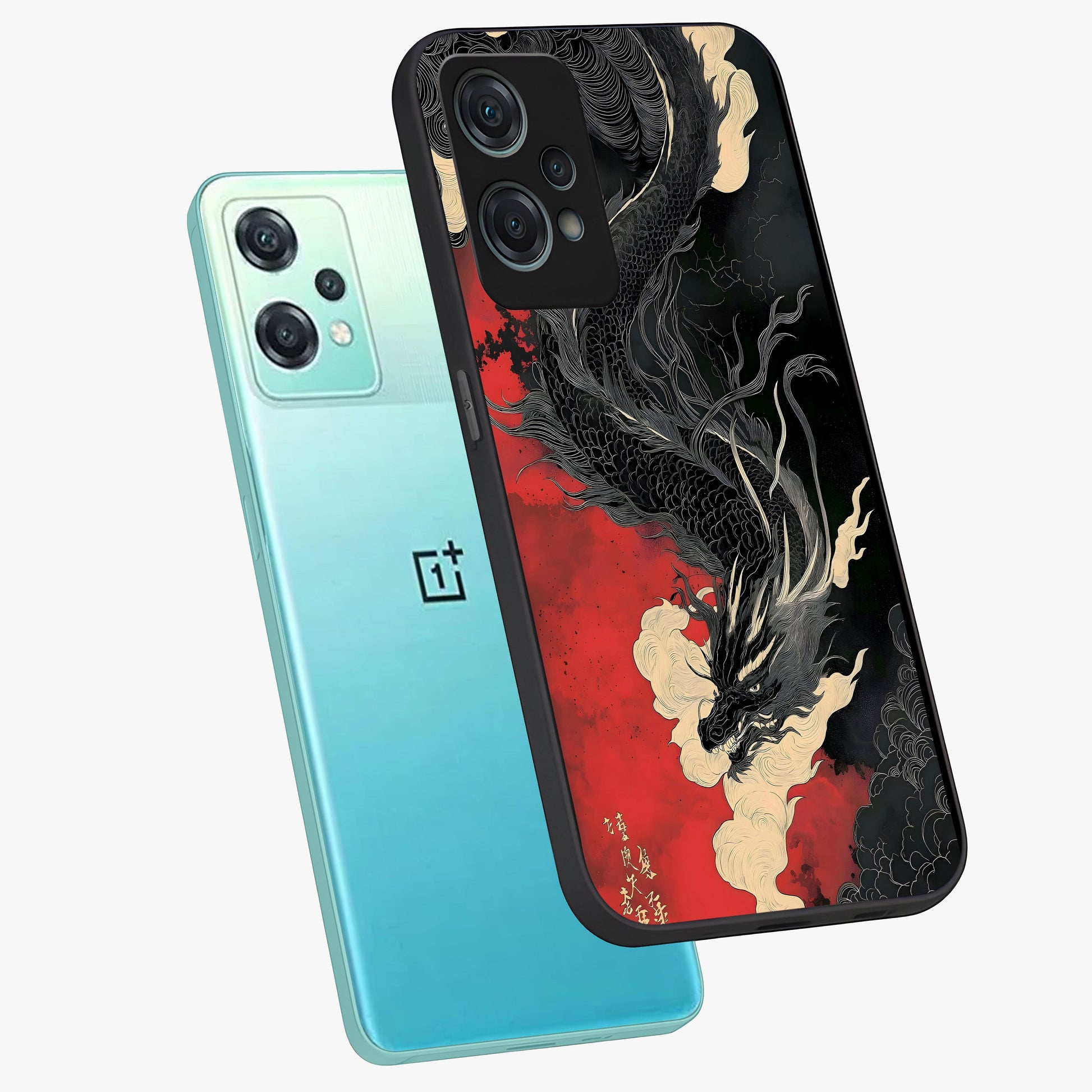 Shadow Dragon Fury Glass Case for 1+Nord Ce 2 Lite angled mockup showcasing glossy finish and powerful fantasy detailing