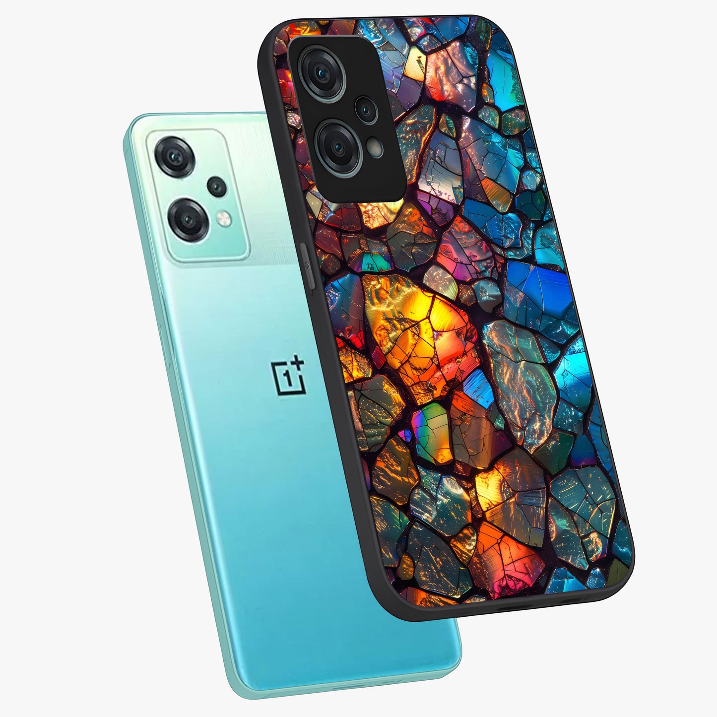 Shattered Light Glass Case for 1+Nord Ce 2 Lite angled mockup showcasing glossy finish and high contrast detailing