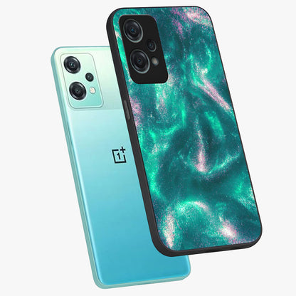 Shimmering Nebula Waves Glass Case for 1+Nord Ce 2 Lite angled mockup showcasing glossy finish and deep space gradients