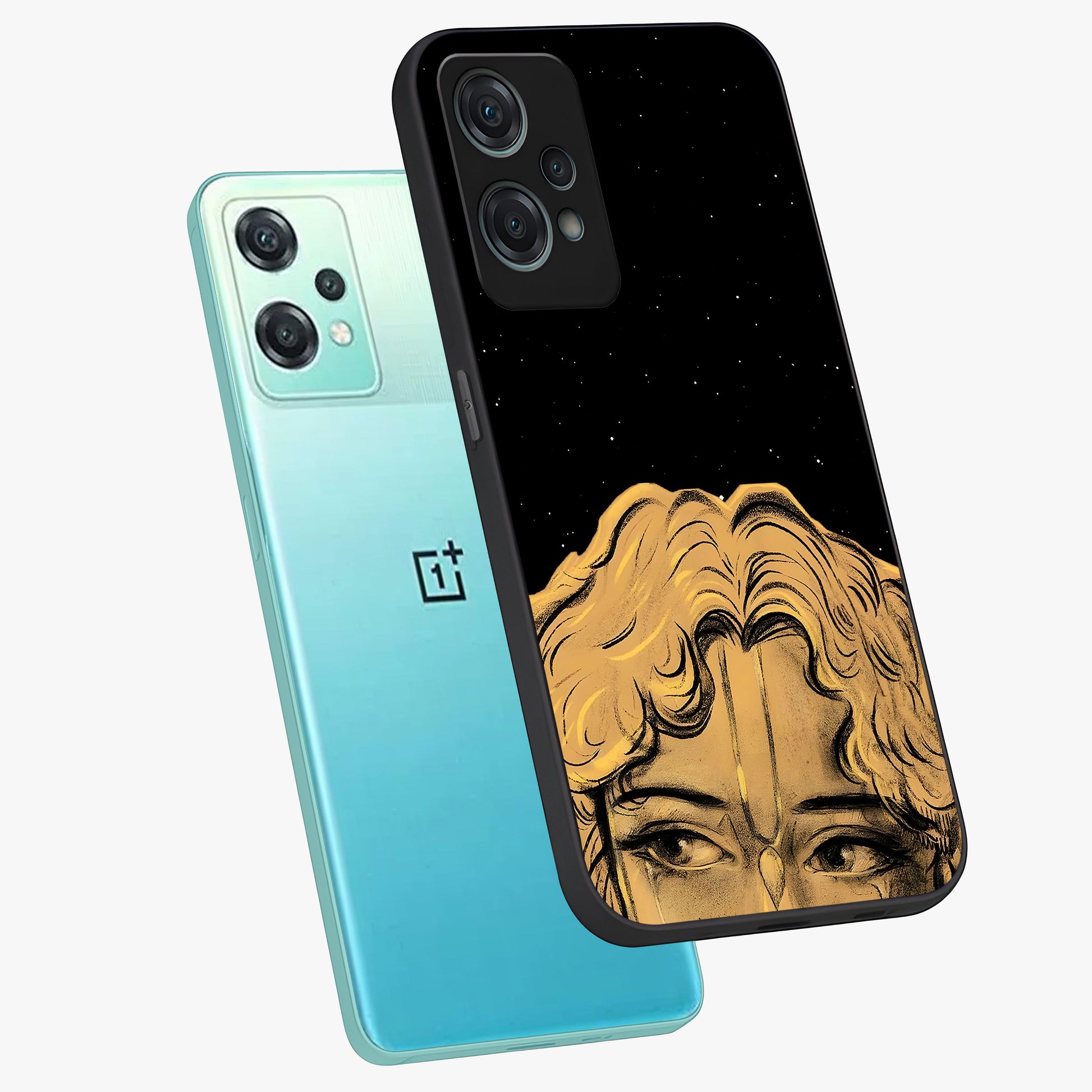 Shri Krishna Art Glass Case for 1+Nord Ce 2 Lite angled mockup showcasing glossy finish and vibrant spiritual tones