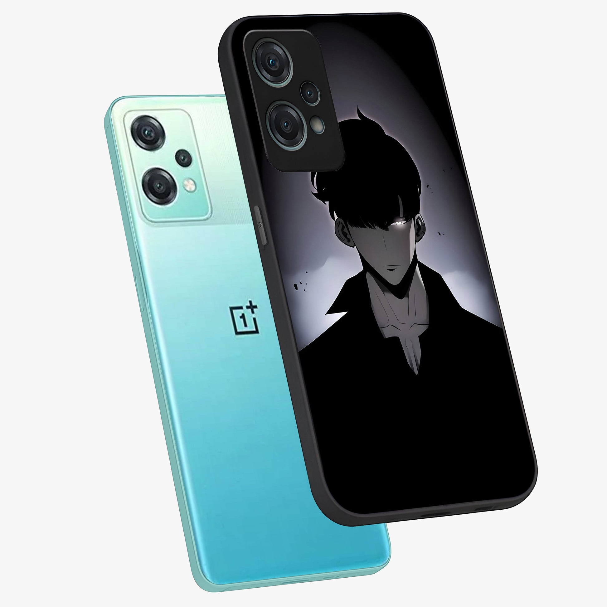 Silent Shadow Awakening Glass Case for 1+Nord Ce 2 Lite angled mockup showcasing glossy finish and dramatic shadow detailing