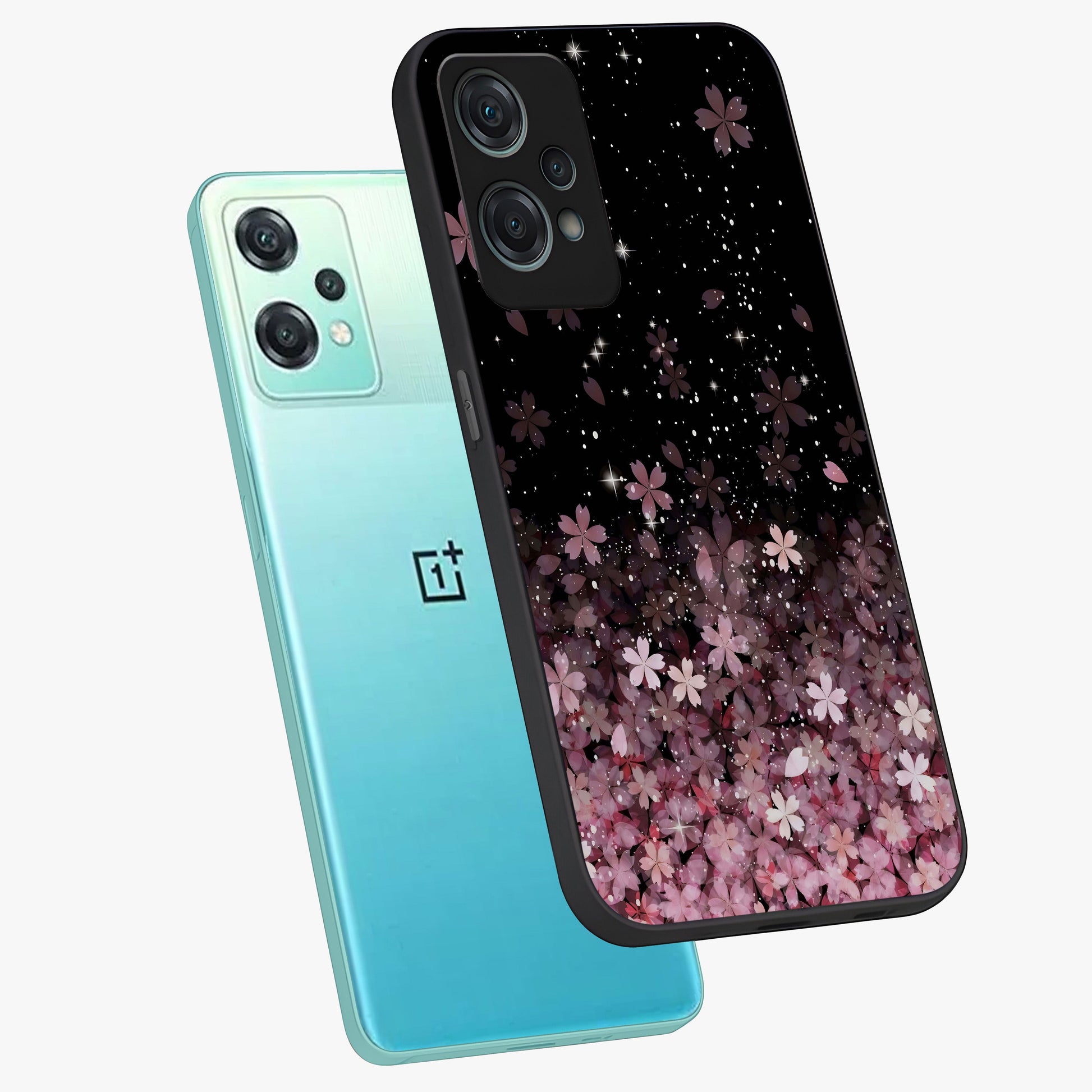 Small Starry Flowers Glass Case for 1+Nord Ce 2 Lite angled mockup showcasing glossy finish and soft pastel tones