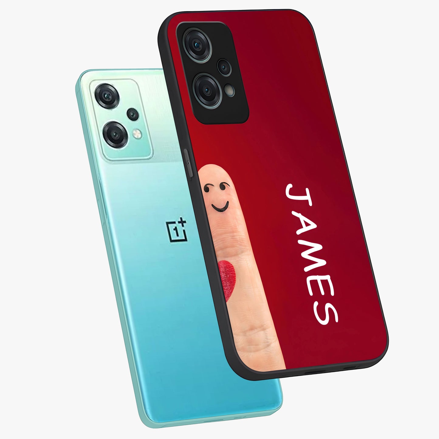Smiling Heart Bond Glass Case for 1+Nord Ce 2 Lite angled mockup showcasing glossy finish and cheerful detailing