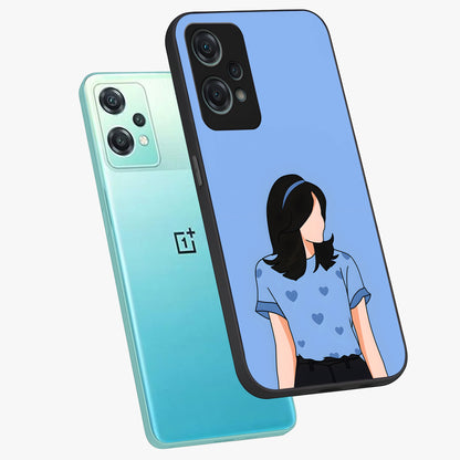 Soft Hearts Girl Glass Case for 1+Nord Ce 2 Lite angled mockup showcasing glossy finish and pastel romantic tones