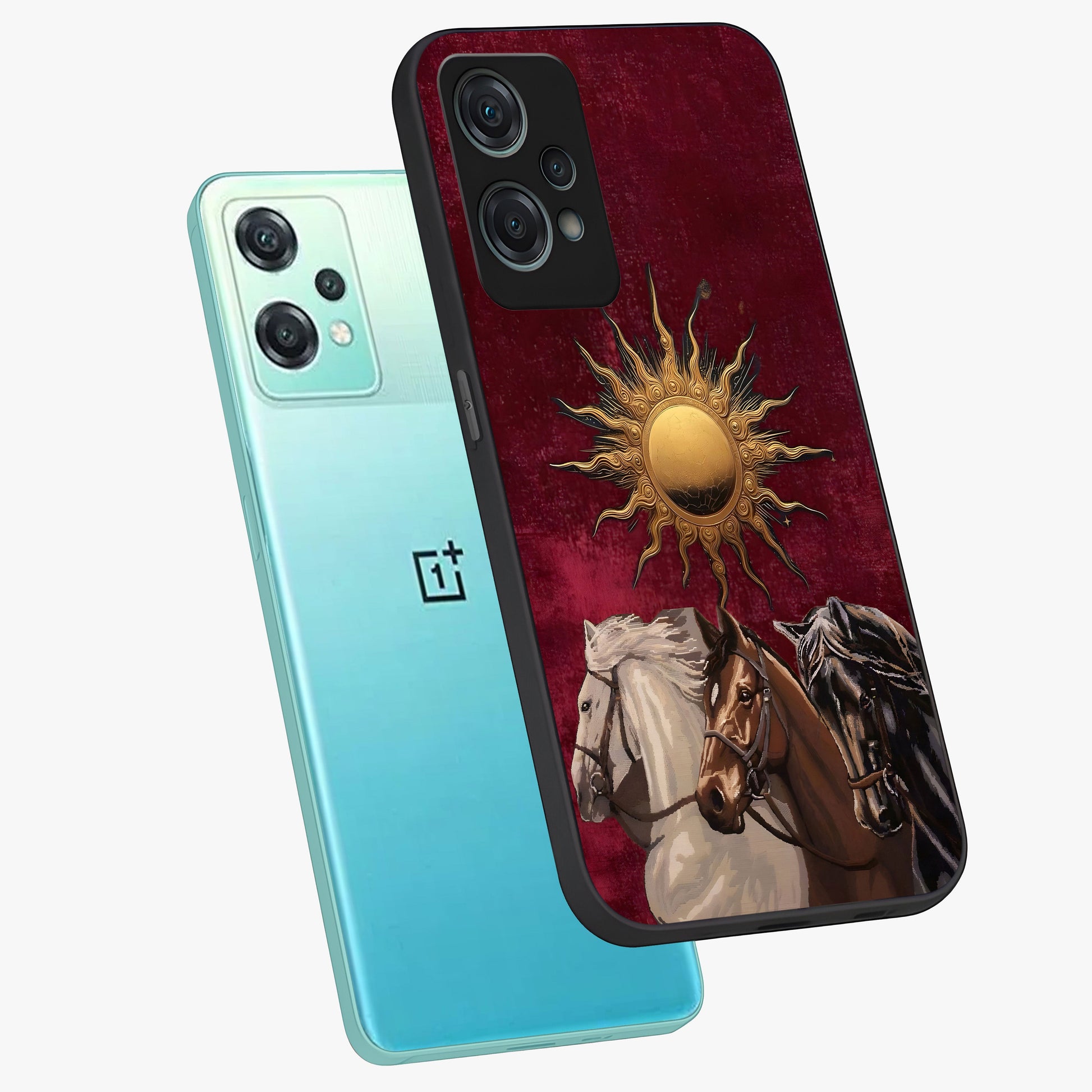 Solar Riders Glass Case for 1+Nord Ce 2 Lite angled mockup showcasing glossy finish and vibrant sunset gradients