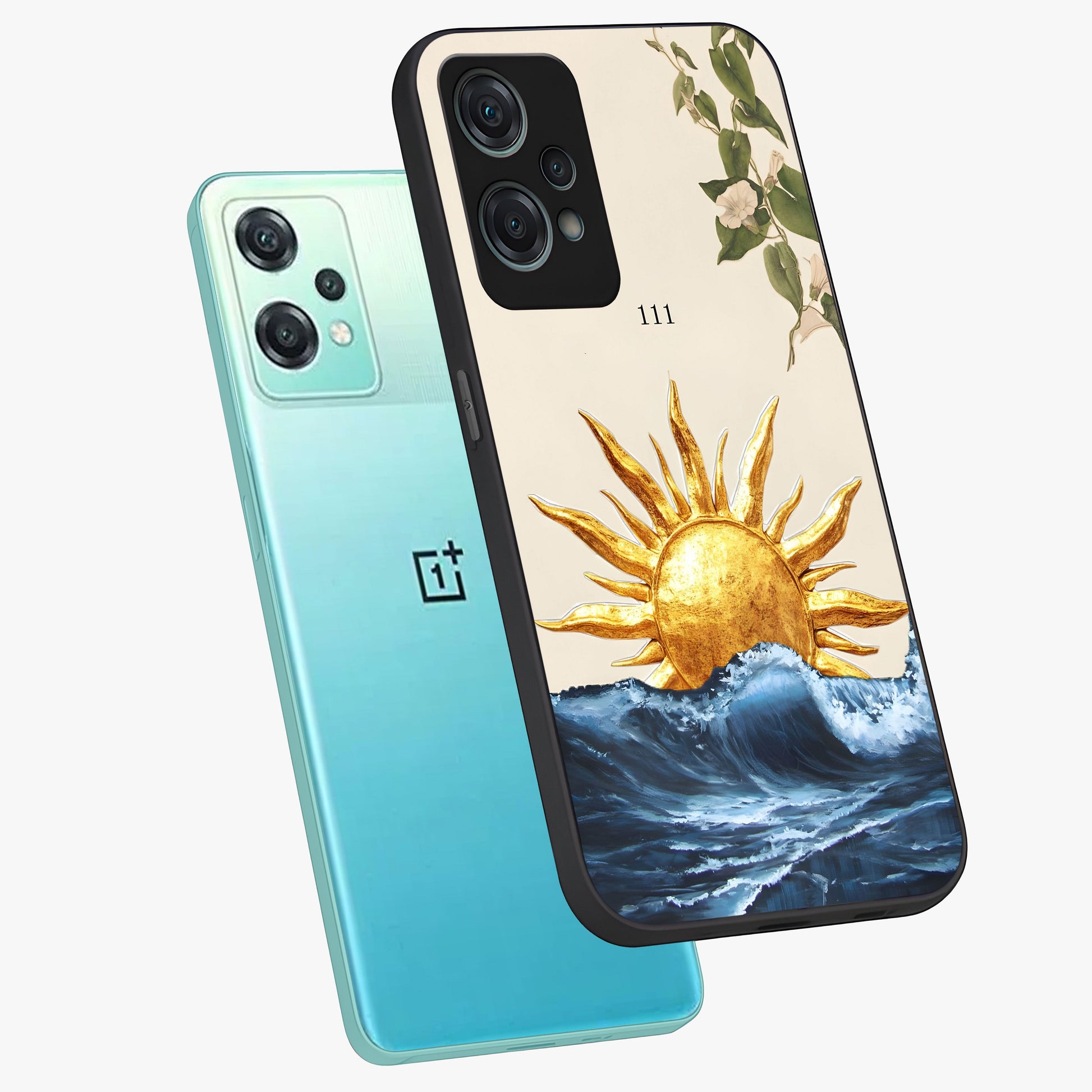 Solar Wave Bloom Glass Case for 1+Nord Ce 2 Lite angled mockup showcasing glossy finish and warm luminous tones