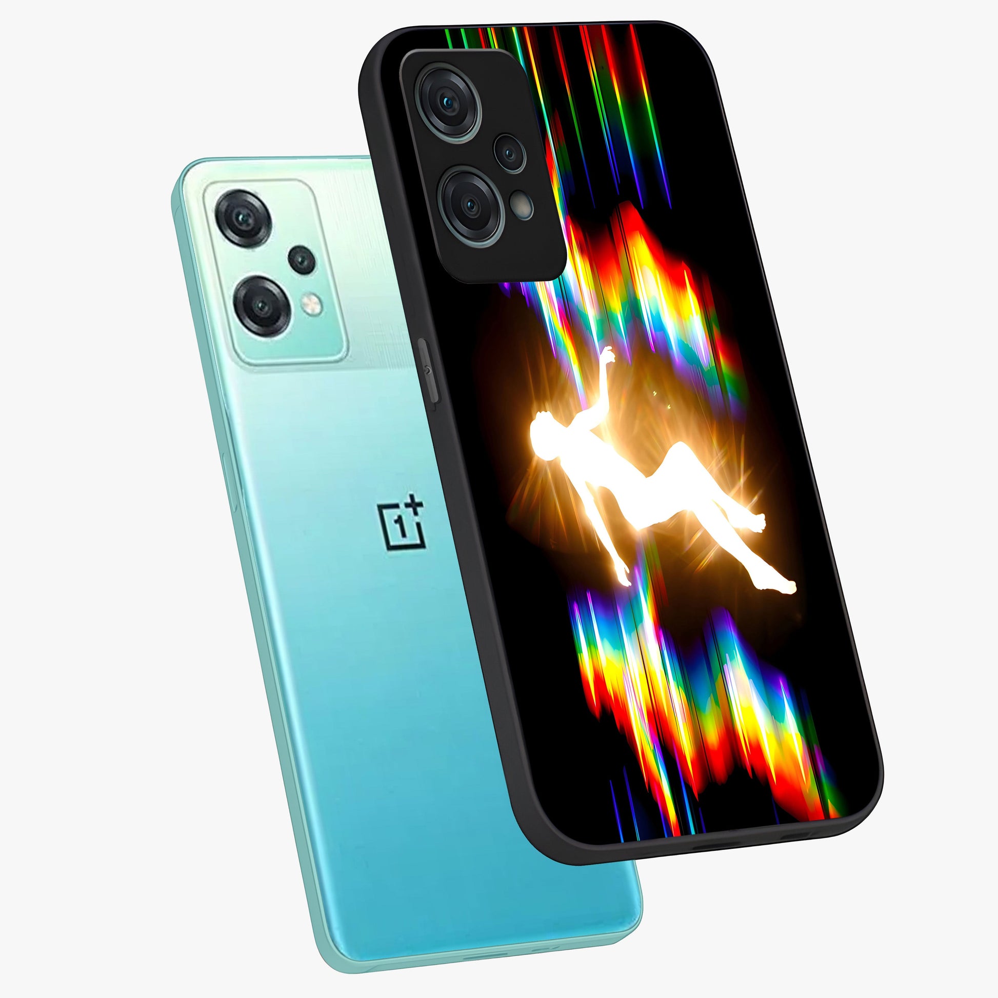 Soul in Spectrum Glass Case for 1+Nord Ce 2 Lite angled mockup showcasing glossy finish and vibrant gradient detailing
