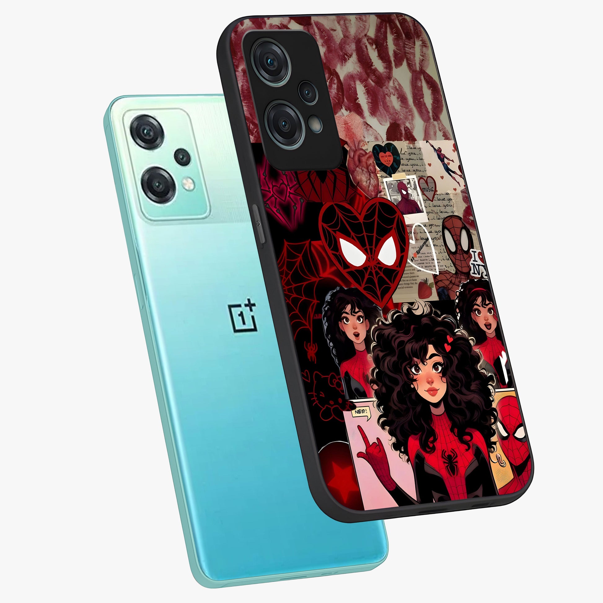 Spider Love Story Glass Case for 1+Nord Ce 2 Lite angled mockup showcasing glossy finish and vibrant comic style detailing