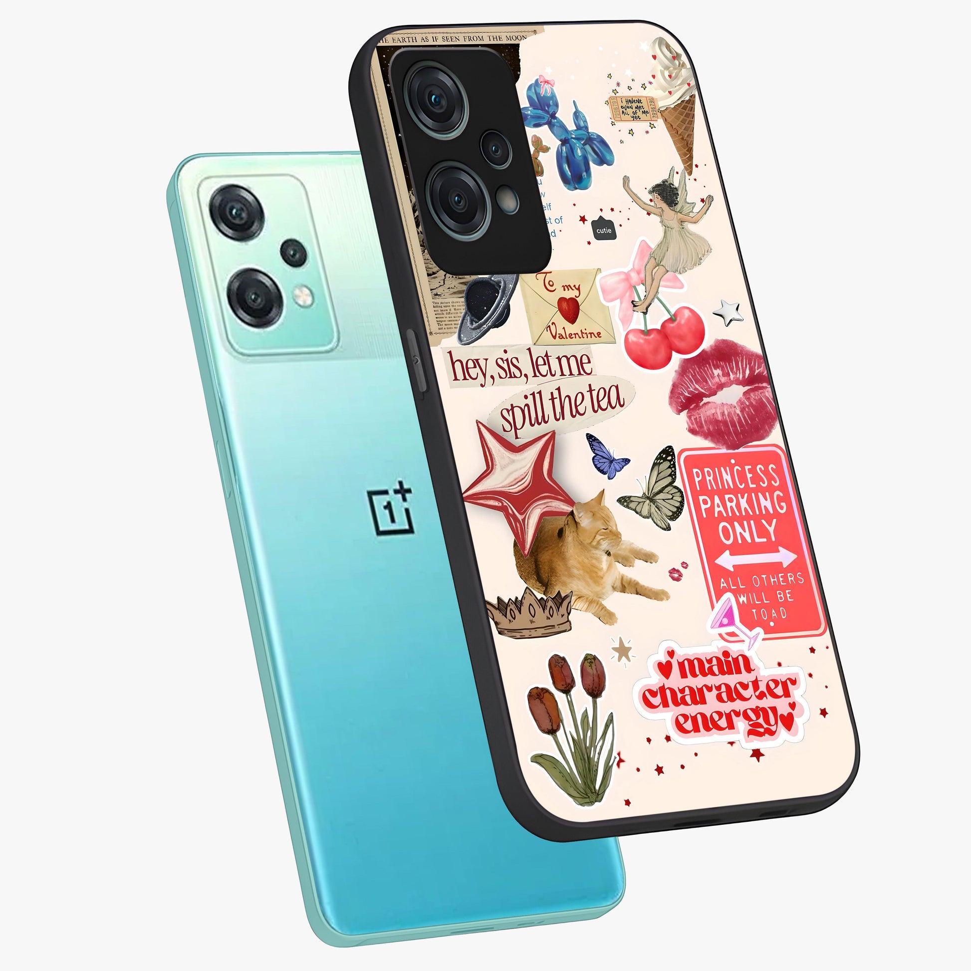 Spill the Tea Retro Collage Glass Case for 1+Nord Ce 2 Lite angled mockup showcasing glossy finish and bold retro detailing