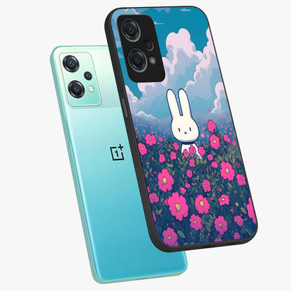 Springtime Blossom Bunny Glass Case for 1+Nord Ce 2 Lite angled mockup showcasing glossy finish and soft pastel tones