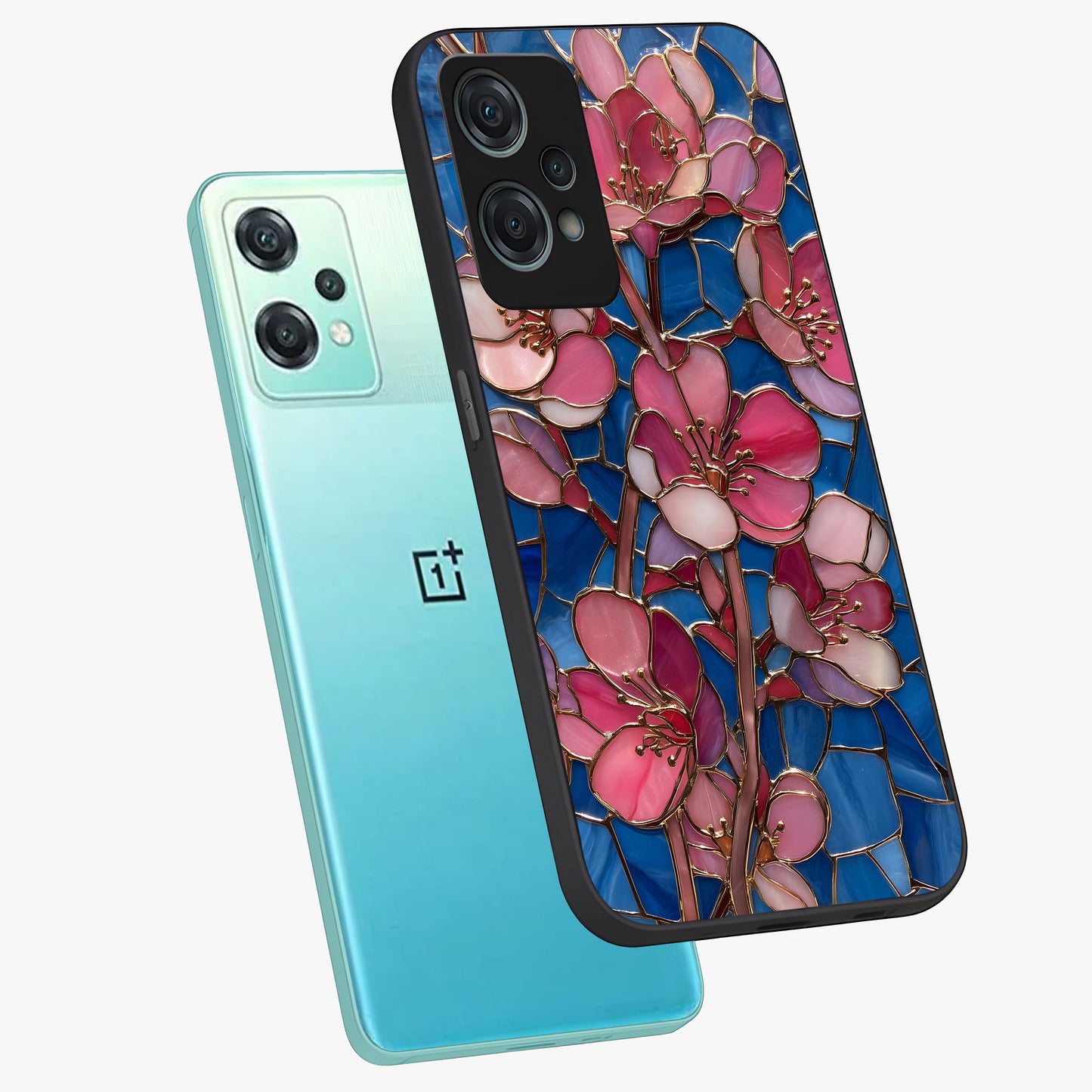 Stained Bloom Grace Glass Case for 1+Nord Ce 2 Lite angled mockup showcasing glossy finish and vibrant mosaic tones