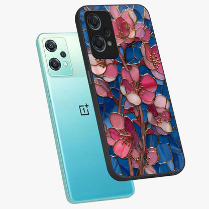 Stained Bloom Grace Glass Case for 1+Nord Ce 2 Lite angled mockup showcasing glossy finish and vibrant mosaic tones