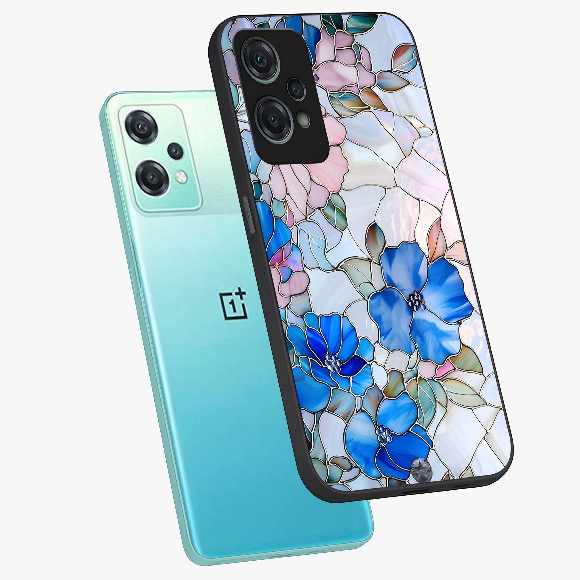 Stained Blue Floral Glass Case for 1+Nord Ce 2 Lite angled mockup showcasing glossy glass finish and rich sapphire tones