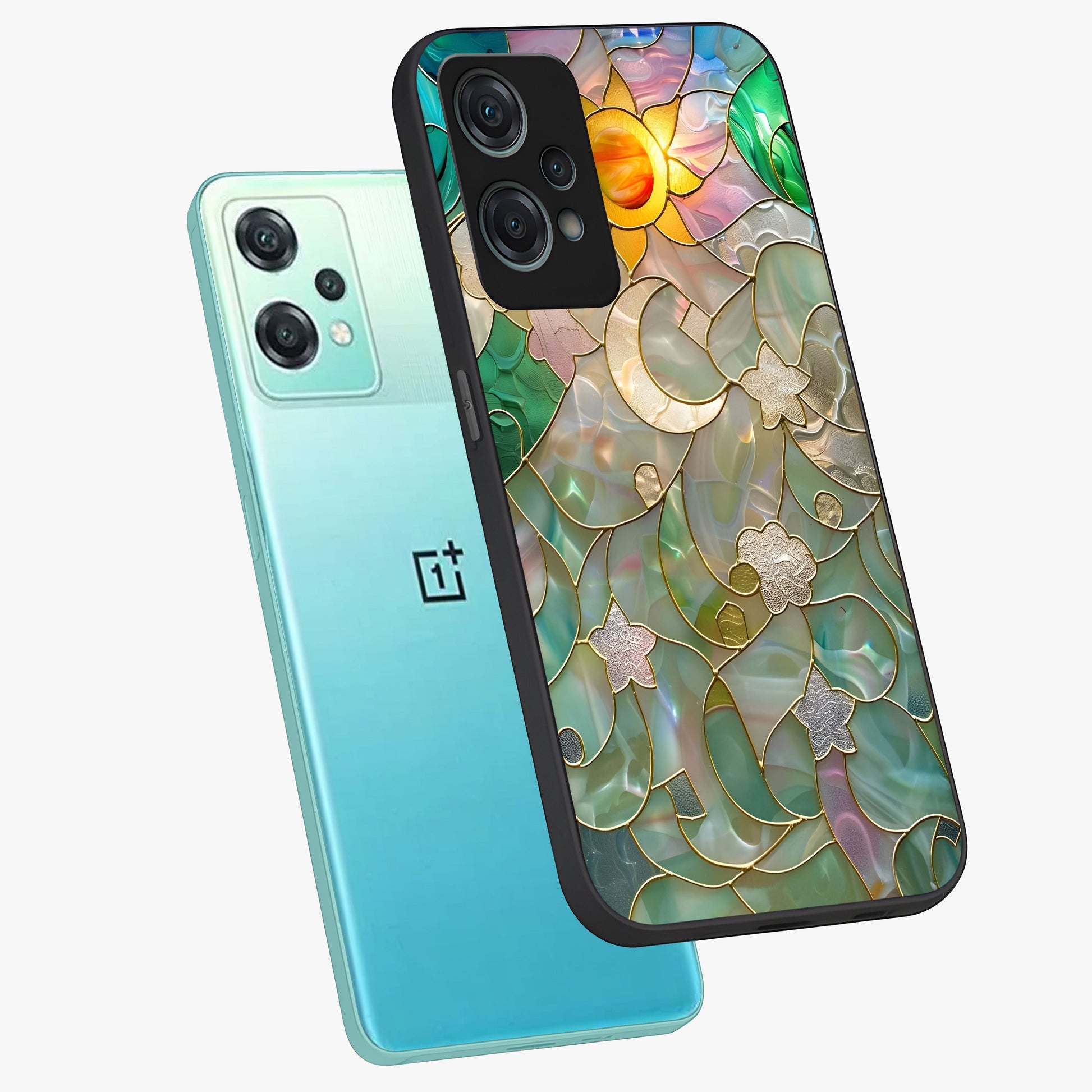 Stained Sunrise Glow Glass Case for 1+Nord Ce 2 Lite angled mockup showcasing glossy finish and warm golden gradients