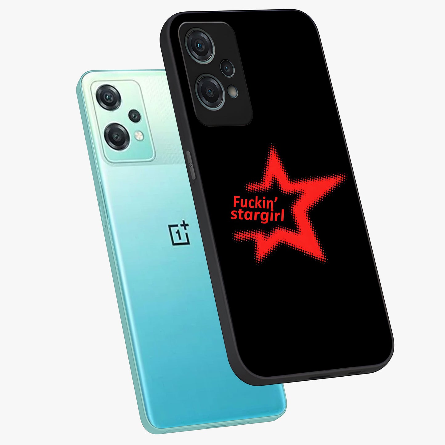 Starboy and Stargirl Energy Glass Case for 1+Nord Ce 2 Lite angled mockup showcasing glossy finish and vibrant cosmic tones