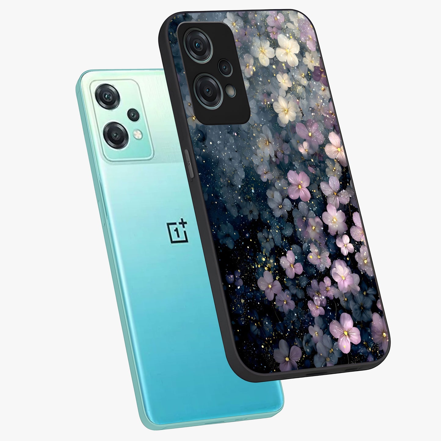 Starlit Blossom Dreams Glass Case for 1+Nord Ce 2 Lite angled mockup showcasing glossy finish and soft celestial detailing