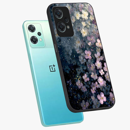 Starlit Blossom Dreams Glass Case for 1+Nord Ce 2 Lite angled mockup showcasing glossy finish and soft celestial detailing