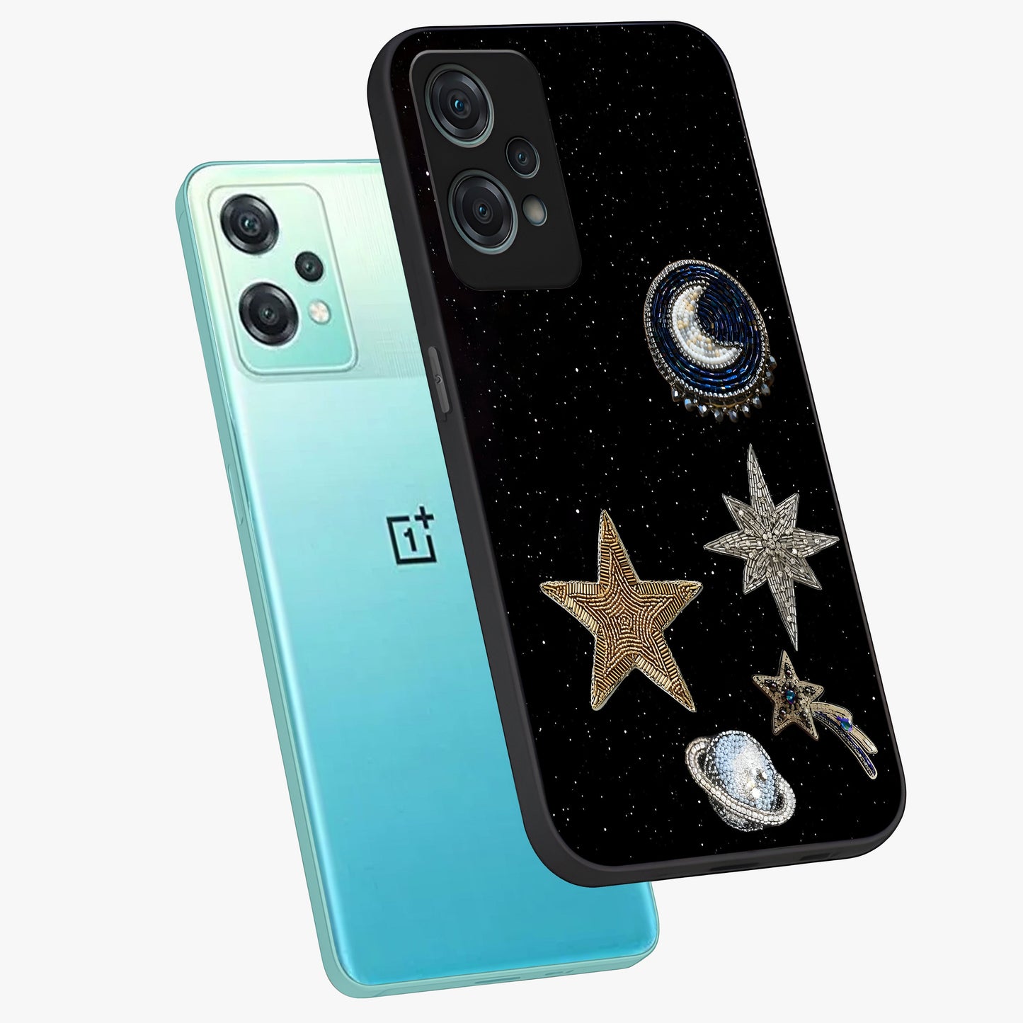 Starlit Cosmic Dreams Glass Case for 1+Nord Ce 2 Lite angled mockup showcasing glossy finish and deep space gradients
