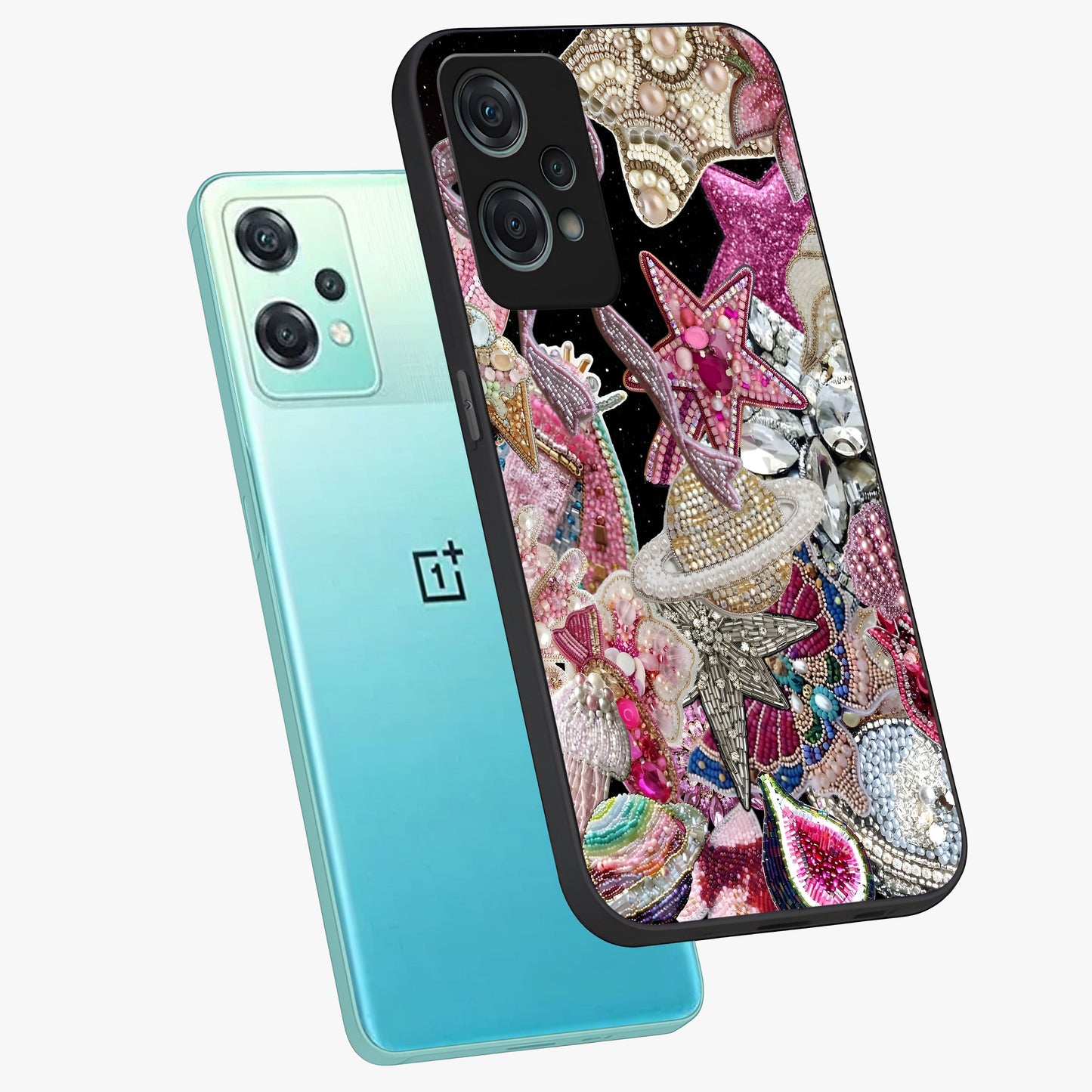 Starlit Jewel Dream Glass Case for 1+Nord Ce 2 Lite angled mockup showcasing glossy finish and radiant detailing