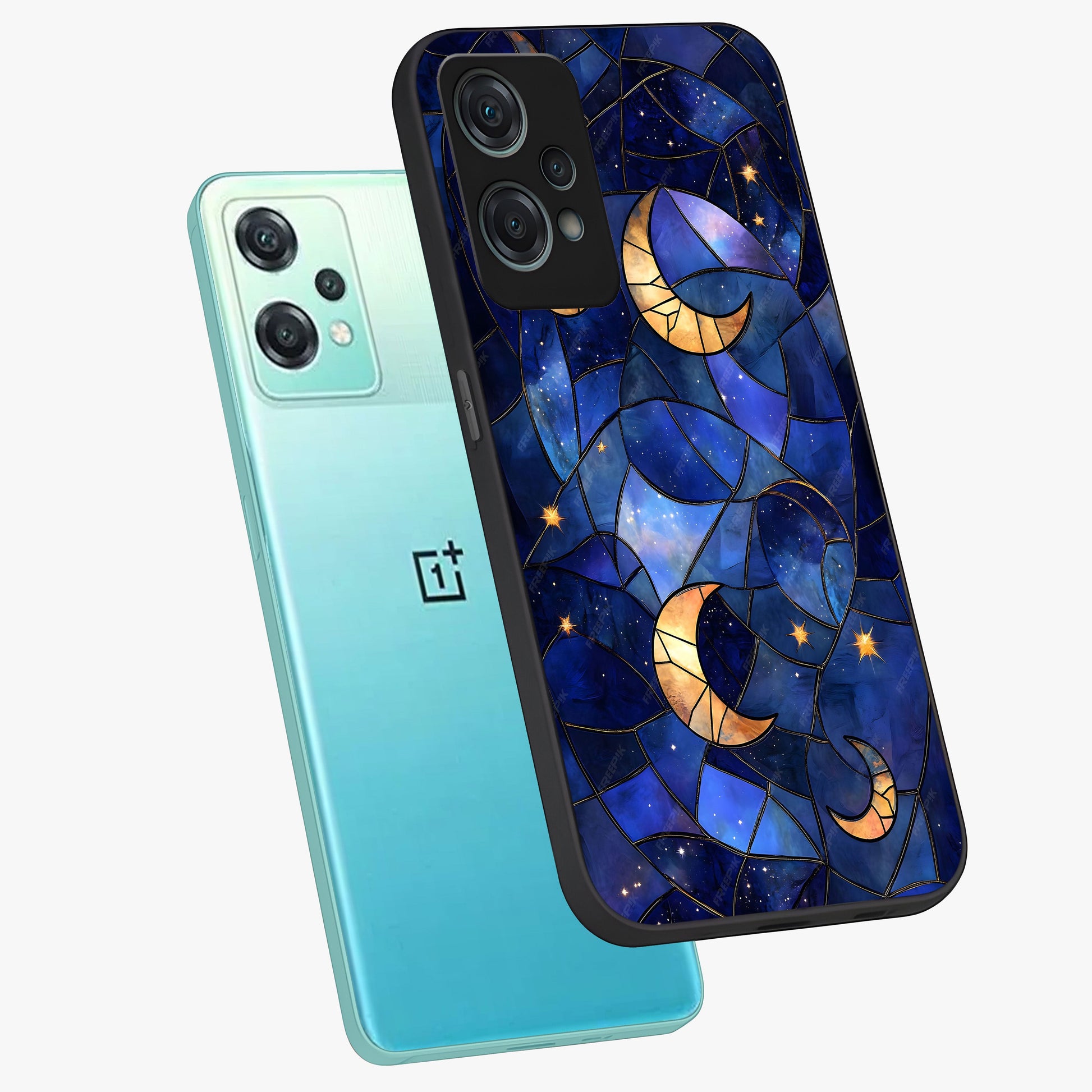 Starlit Sky Tapestry Glass Case for 1+Nord Ce 2 Lite angled mockup showcasing glossy finish and rich night tones