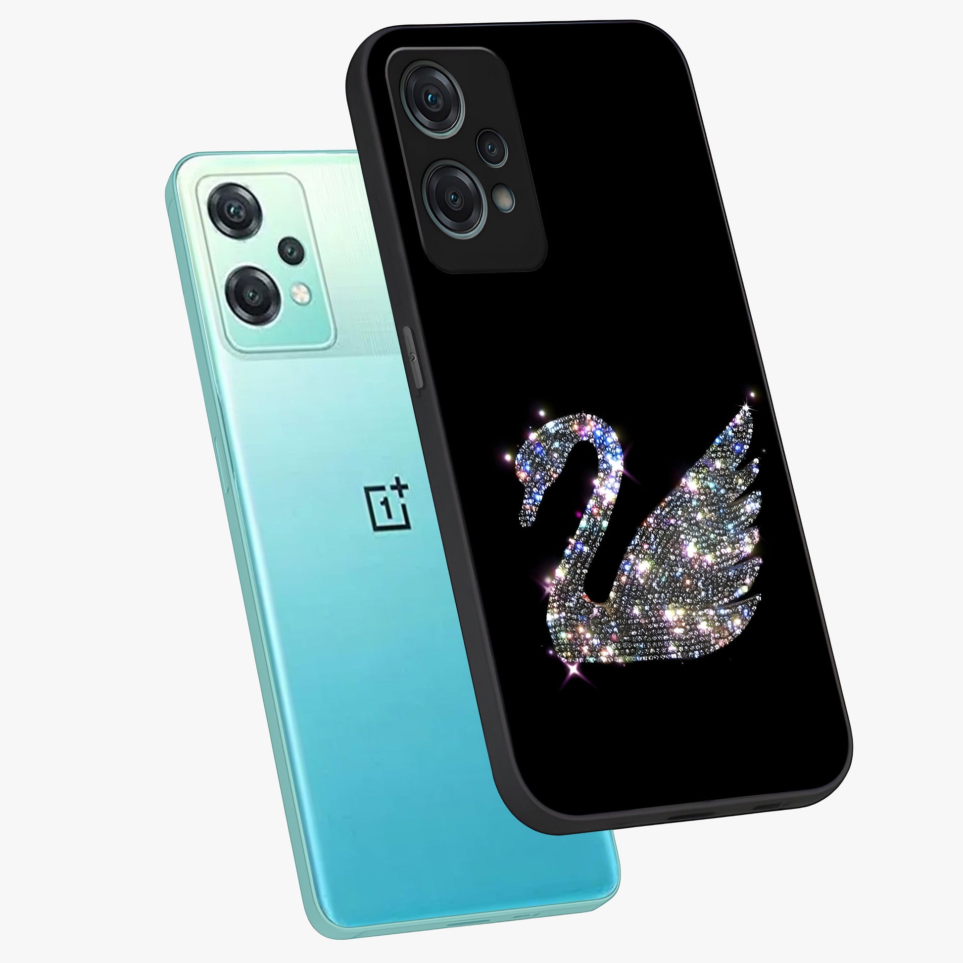 Starlit Swan Grace Glass Case for 1+Nord Ce 2 Lite angled mockup showcasing glossy finish and serene celestial tones