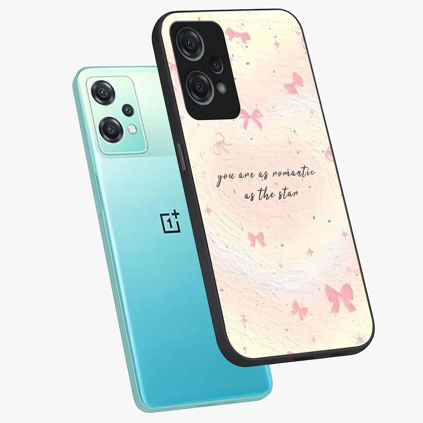 Starry Bow Romance Glass Case for 1+Nord Ce 2 Lite angled mockup showcasing glossy finish and soft dreamy tones