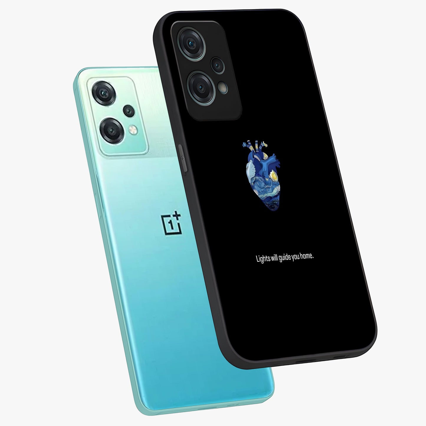 Starry Heart Compass Glass Case for 1+Nord Ce 2 Lite angled mockup showcasing glossy finish and celestial gradient tones