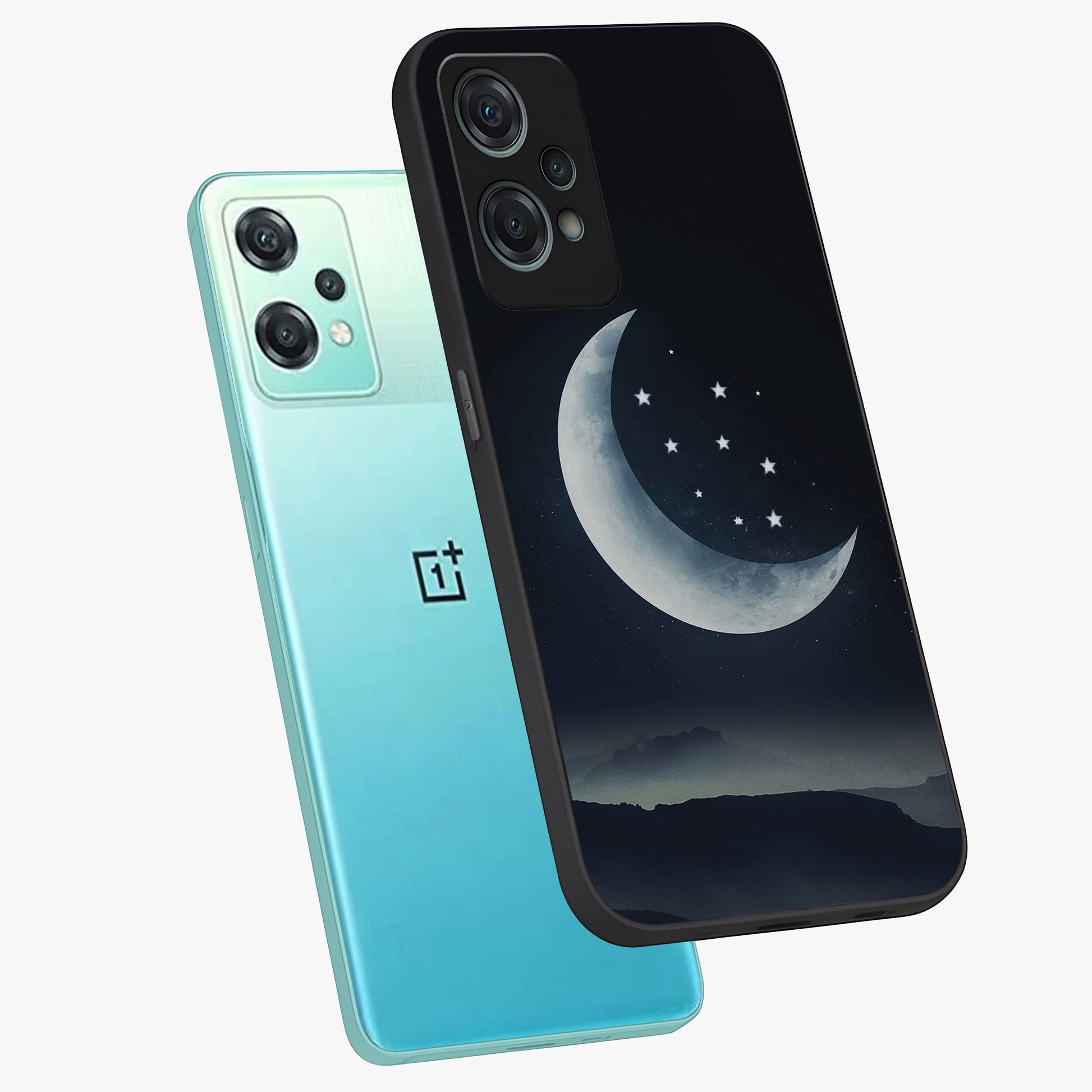 Starry Moon Pattern Glass Case for 1+Nord Ce 2 Lite angled mockup showcasing glossy glass finish and deep night tones