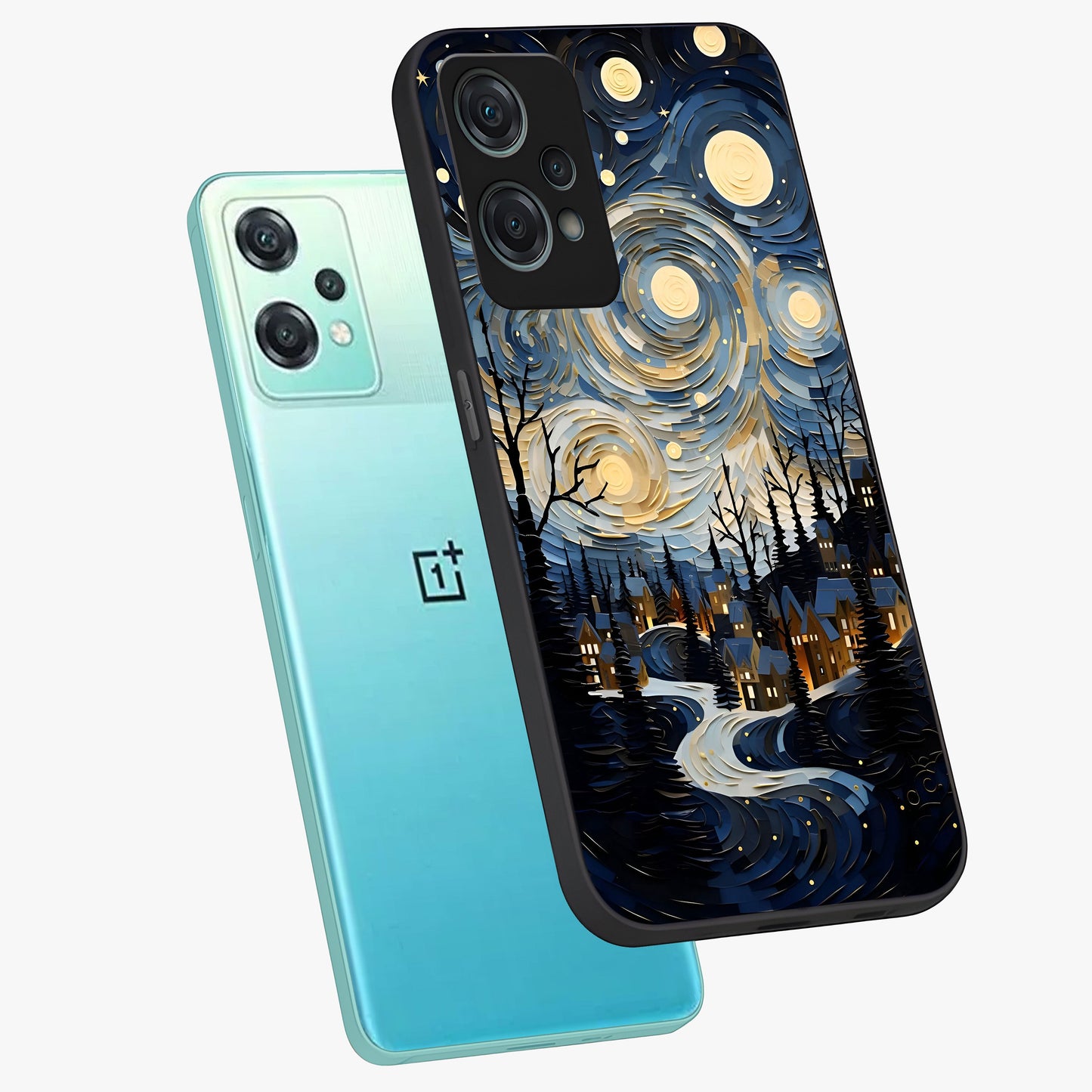 Starry Winter Town Glass Case for 1+Nord Ce 2 Lite angled mockup showcasing glossy finish and cool winter tones
