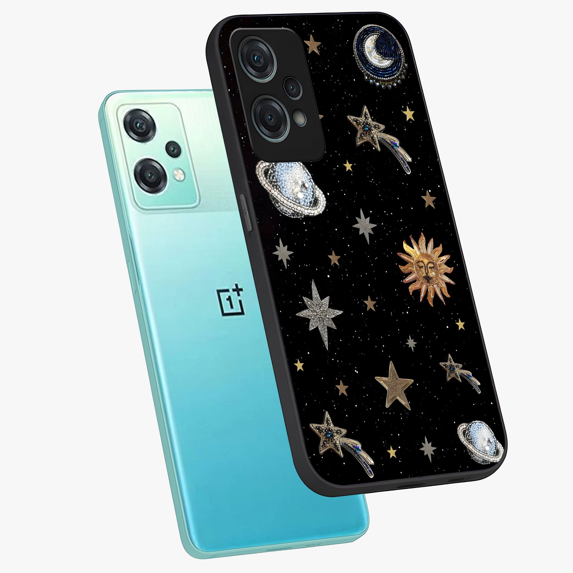 Stars and Planets Brooches Glass Case for 1+Nord Ce 2 Lite angled mockup showcasing glossy finish and luminous space tones
