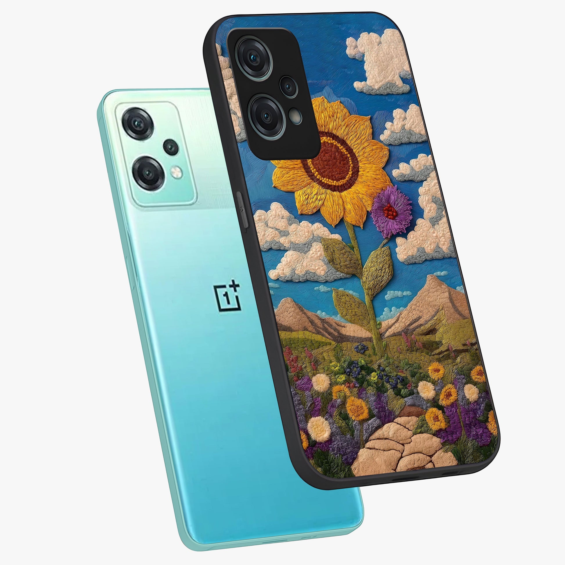 Sunflower Braid Beauty With Custom Name Glass Case for 1+Nord Ce 2 Lite angled mockup showcasing glossy finish and warm floral tones