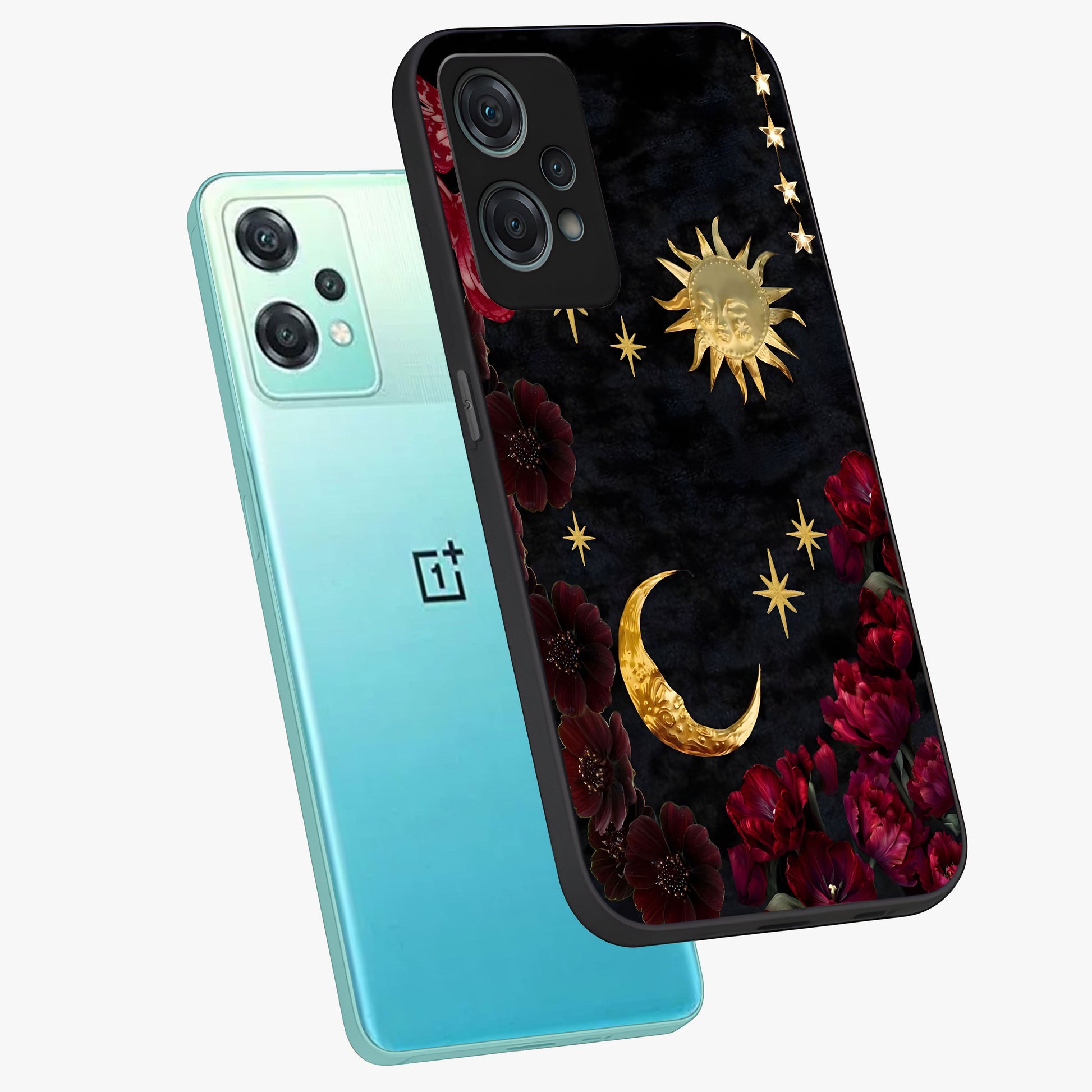 Sunflower Custom Name Glass Case for 1+Nord Ce 2 Lite angled mockup showcasing glossy glass finish and warm floral tones