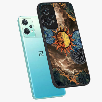Sun Kissed Valley Glass Case for 1+Nord Ce 2 Lite angled mockup showcasing glossy finish and warm sunset gradients