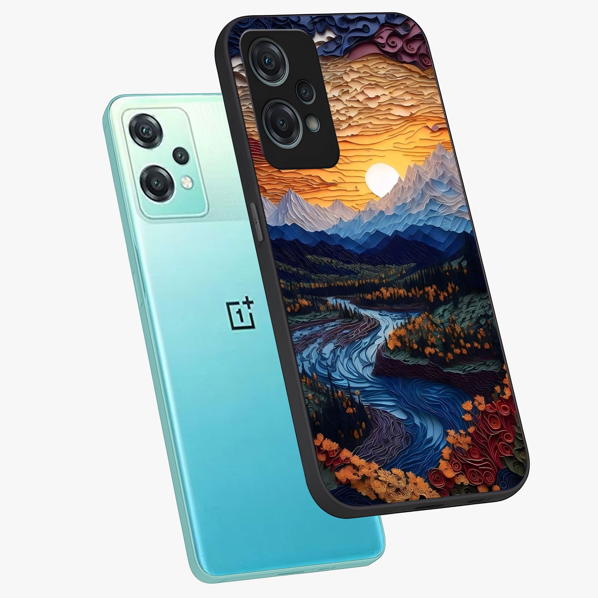 Sunrise River Dreams Glass Case for 1+Nord Ce 2 Lite angled mockup showcasing glossy finish and soft pastel gradients