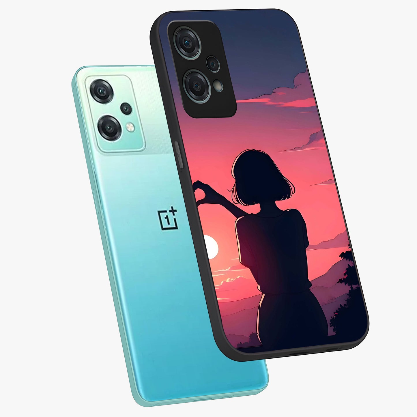 Sunset Silhouette Boy Glass Case for 1+Nord Ce 2 Lite angled mockup showcasing glossy finish and rich orange tones