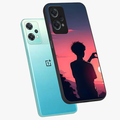 Sunset Silhouette Girl Glass Case for 1+Nord Ce 2 Lite angled mockup showcasing glossy finish and warm gradient tones