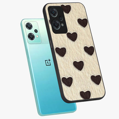 Textured Love Pattern Glass Case for 1+Nord Ce 2 Lite angled mockup showcasing glossy finish and subtle pattern detailing