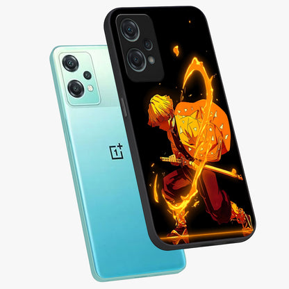 Thunder Flame Execution Glass Case for 1+Nord Ce 2 Lite angled mockup showcasing glossy finish and dramatic high contrast tones