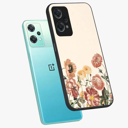 Timeless Garden Romance Glass Case for 1+Nord Ce 2 Lite angled mockup showcasing glossy finish and soft romantic tones