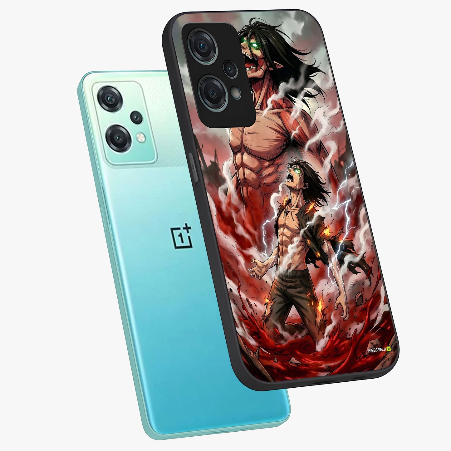 Titan Awakening Fury Glass Case for 1+Nord Ce 2 Lite angled mockup showcasing glossy finish and dramatic action detailing