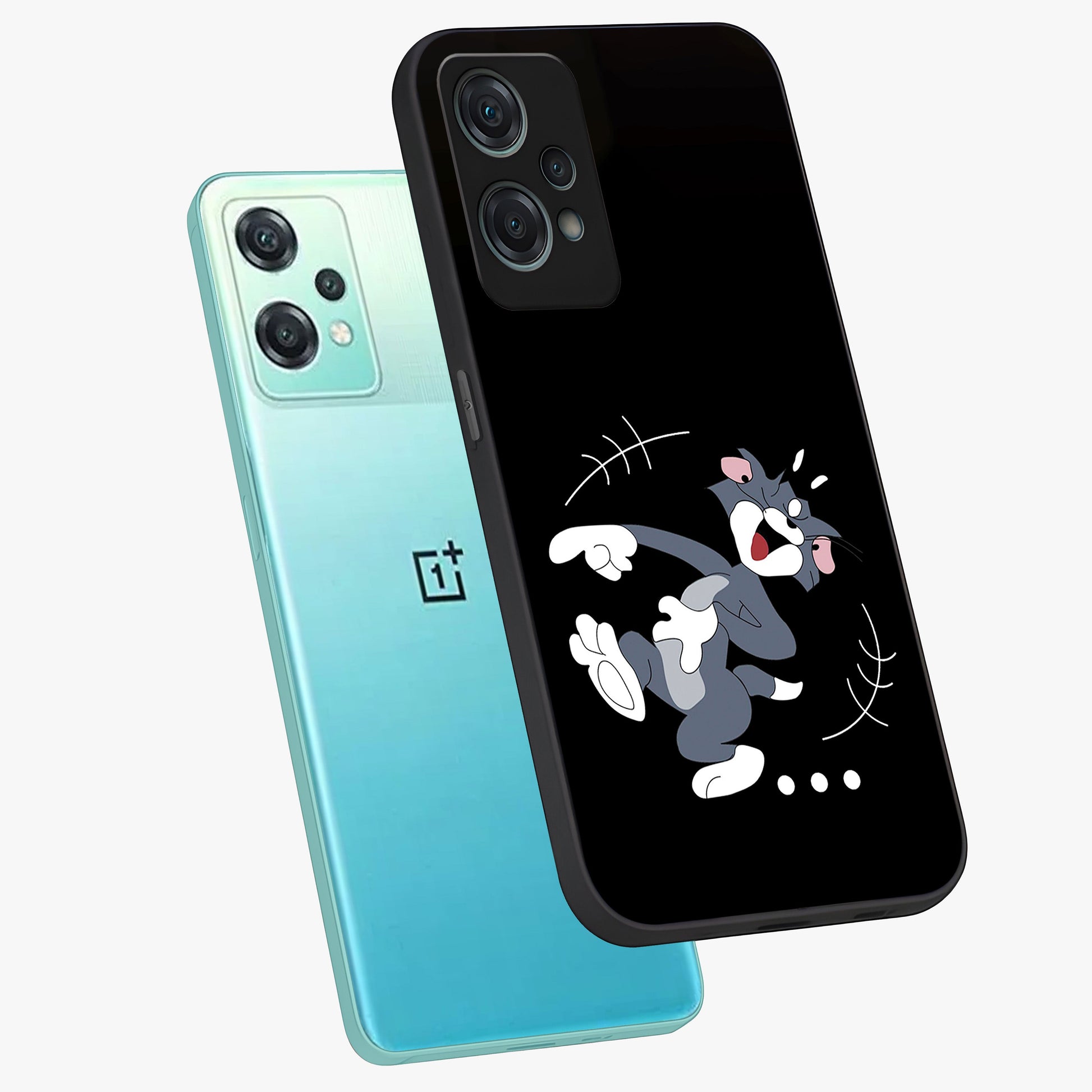 Tom in Trouble Glass Case for 1+Nord Ce 2 Lite angled mockup showcasing glossy finish and vibrant cartoon detailing