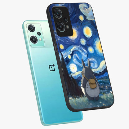 Totoro in Van Gogh Art Glass Case for 1+Nord Ce 2 Lite angled mockup showcasing glossy finish and vibrant brushstroke detailing