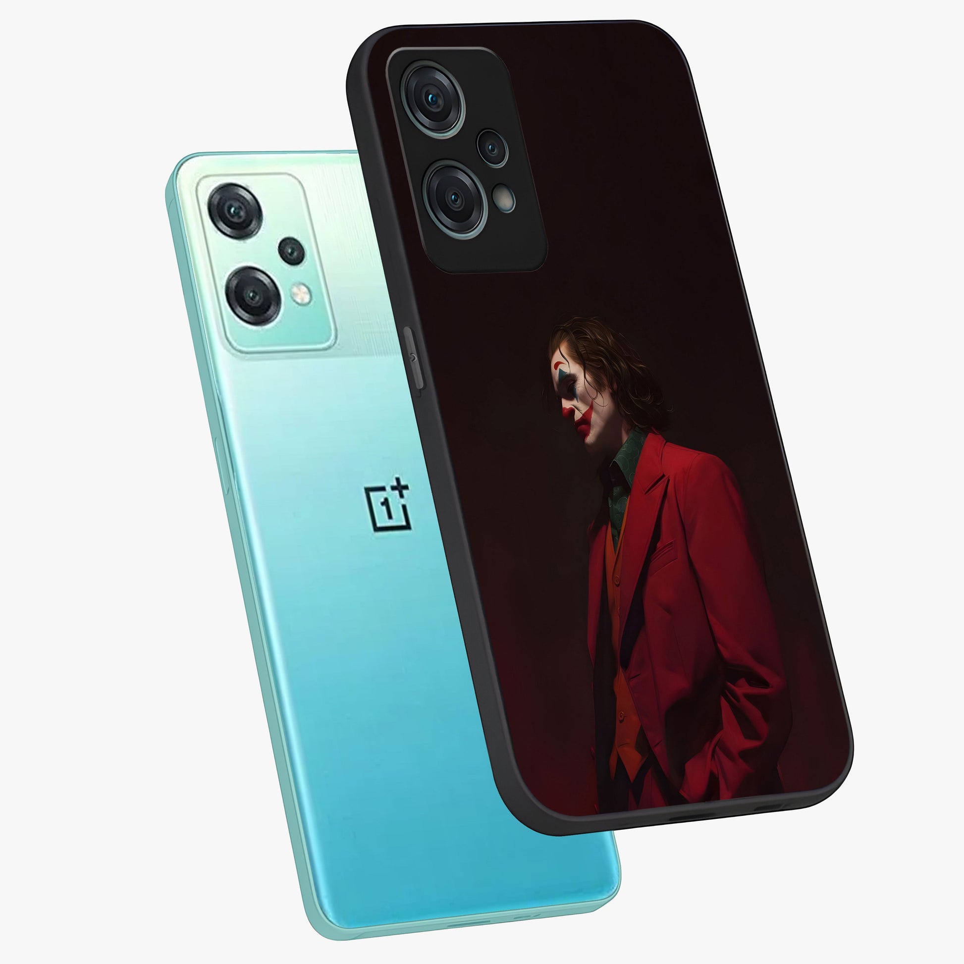 Tragic Chaos King Glass Case for 1+Nord Ce 2 Lite angled mockup showcasing glossy finish and bold shadow detailing