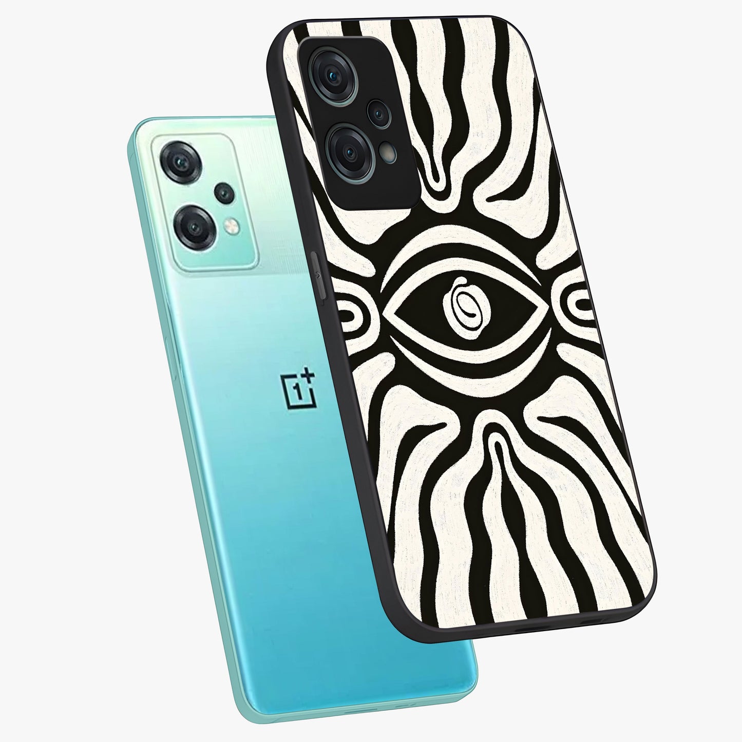 Trancewave Illusion Art Glass Case for 1+Nord Ce 2 Lite angled mockup showcasing glossy finish and psychedelic detailing