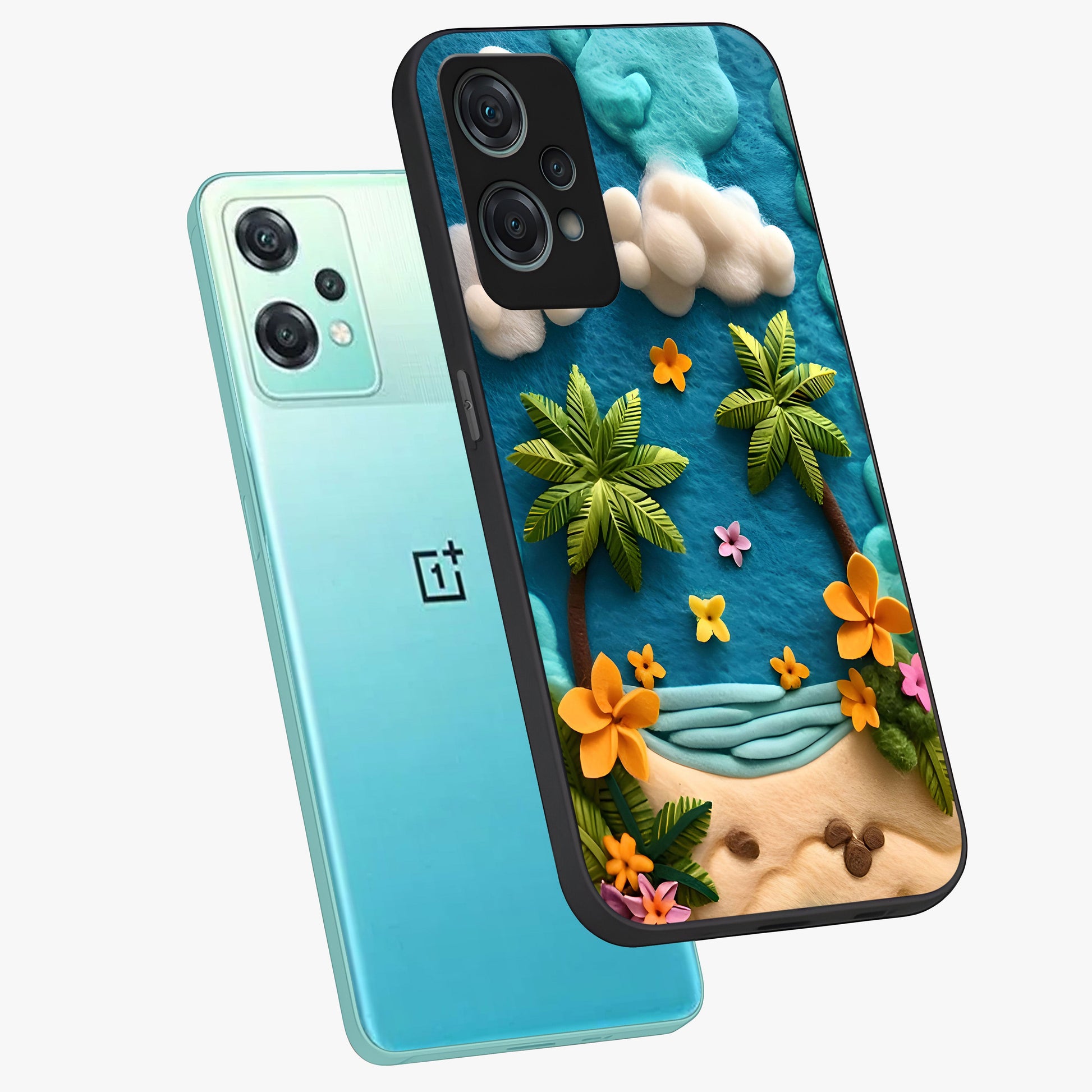 Tropical Felt Escape Glass Case for 1+Nord Ce 2 Lite angled mockup showcasing glossy finish and vibrant island tones