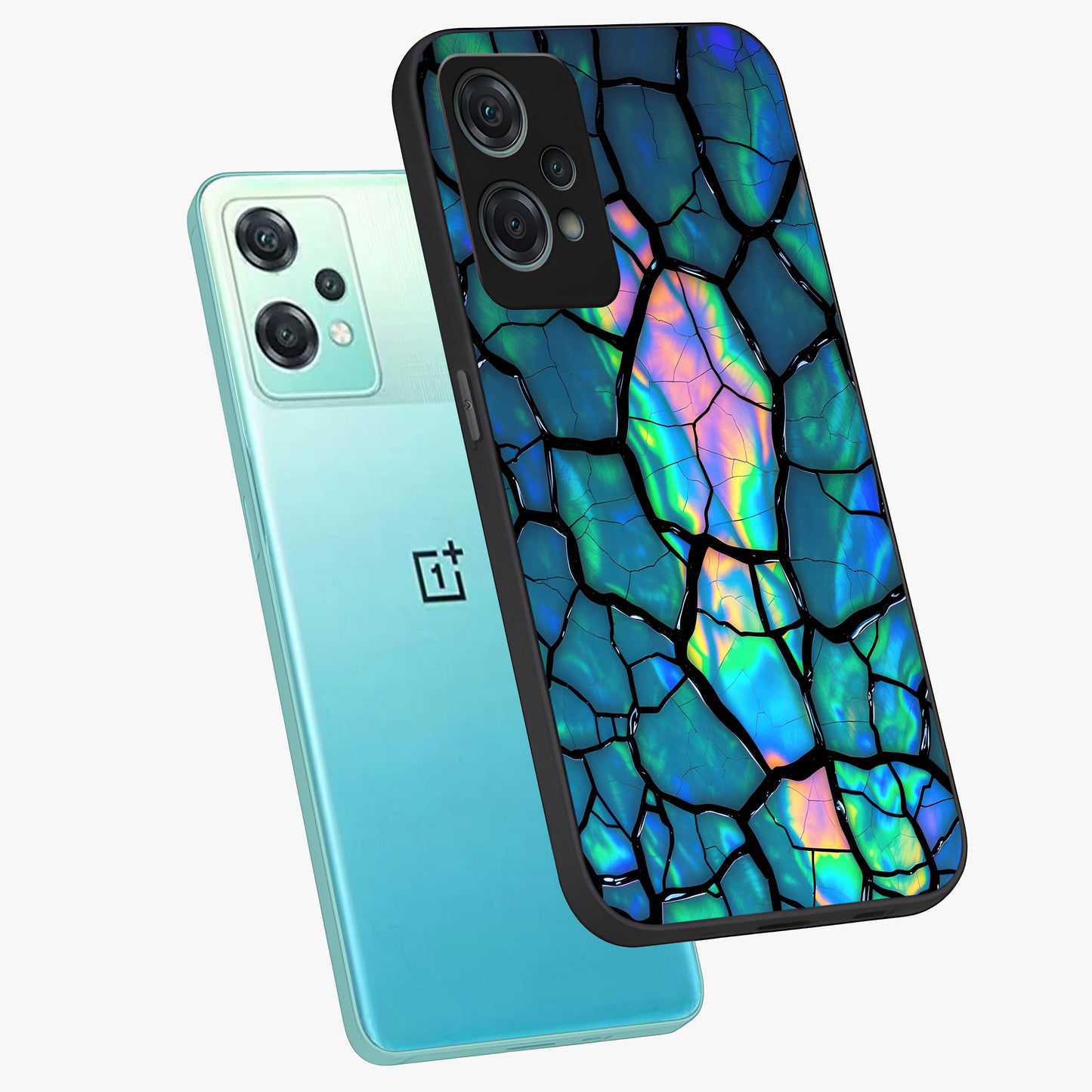 Tropical Wing Vibe Glass Case for 1+Nord Ce 2 Lite angled mockup showcasing glossy finish and bold gradient detailing