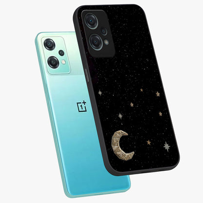 Twinkle Star With Half Moon Glass Case for 1+Nord Ce 2 Lite angled mockup showcasing glossy finish and celestial night tones