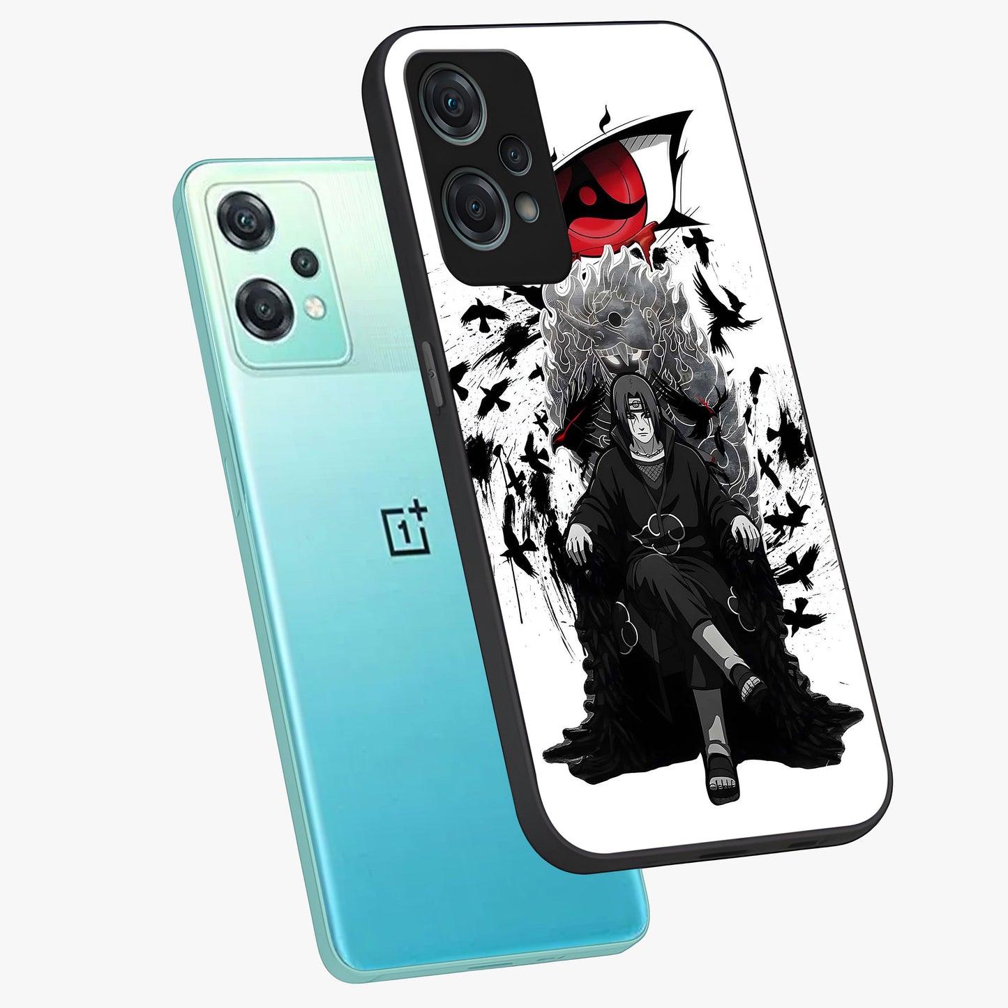 Uchiha Shadow Throne Glass Case for 1+Nord Ce 2 Lite angled mockup showcasing glossy finish and dramatic shadow detailing